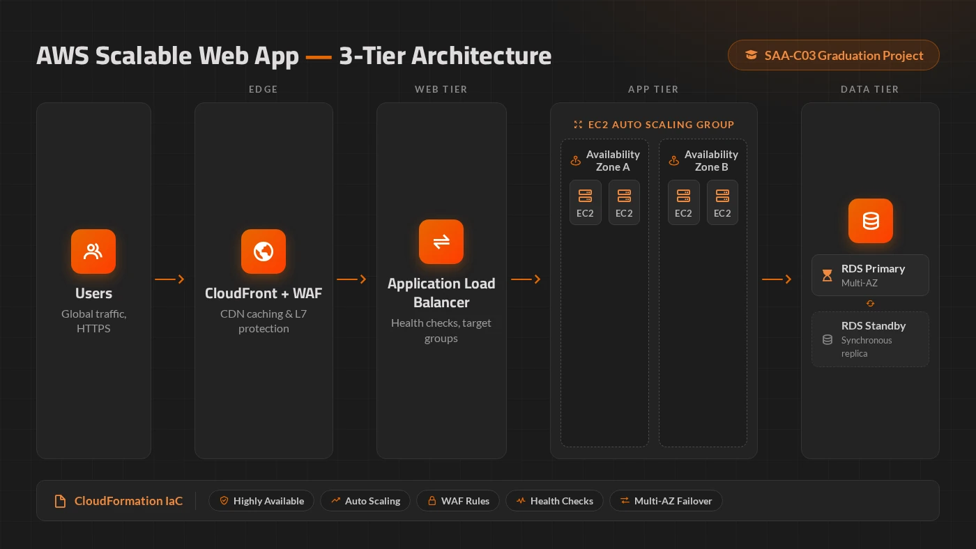 3-tier AWS architecture diagram: CloudFront with WAF, Application Load Balancer, EC2 Auto Scaling across two availability zones, and RDS Multi-AZ