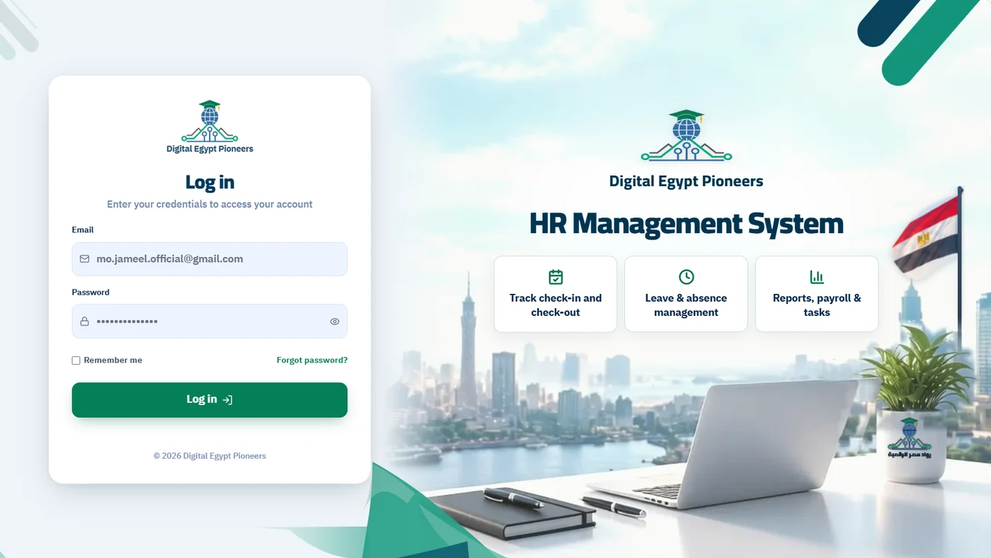 DEPI Staff Management System login page showing the sign-in form and HR Management System feature panel with an Egyptian flag