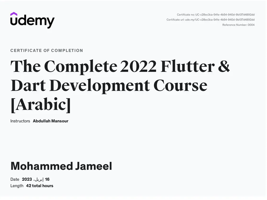 Flutter & Dart Development Course certificate