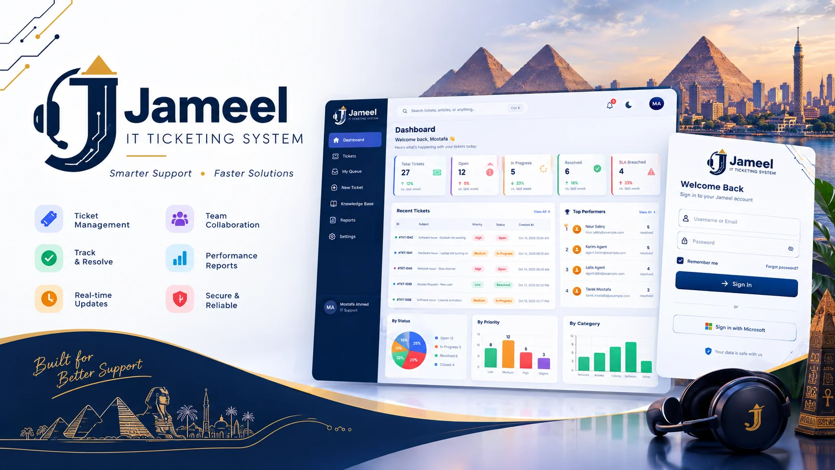 Jameel IT Ticketing System poster showing the ticket dashboard and login page