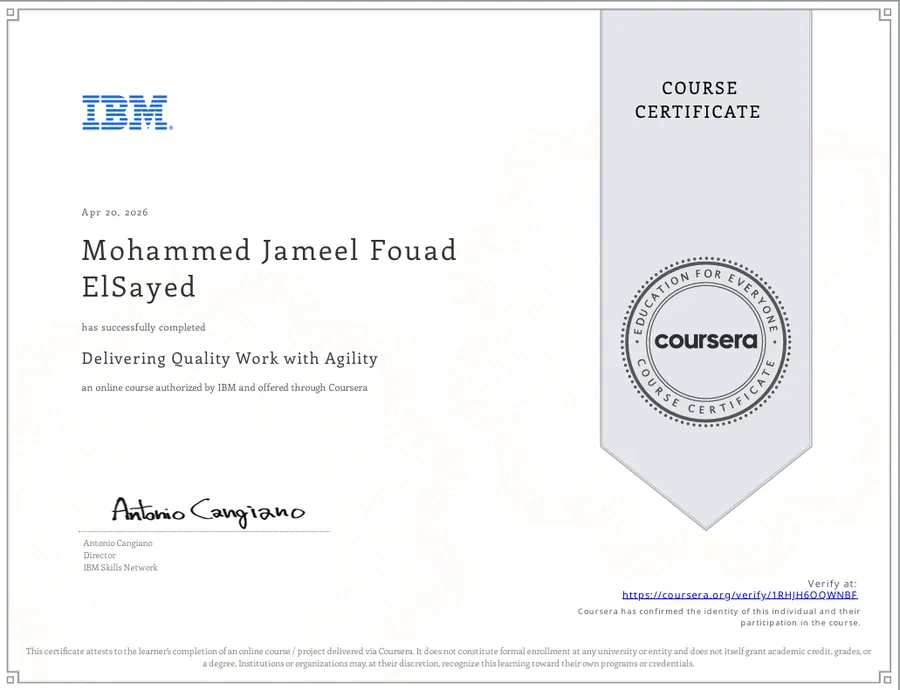 Delivering Quality Work with Agility certificate