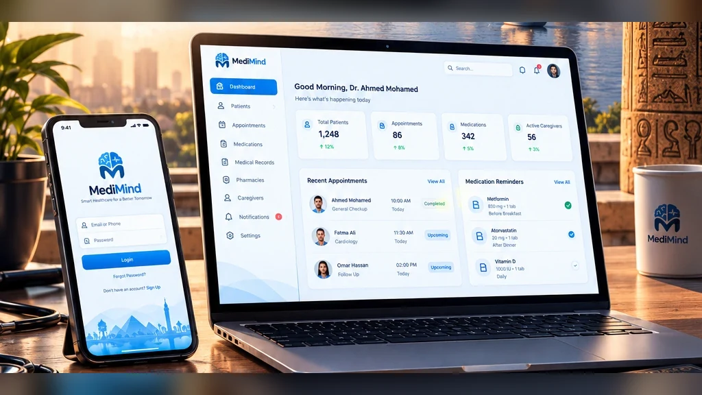 MediMind poster showing the web dashboard and mobile app