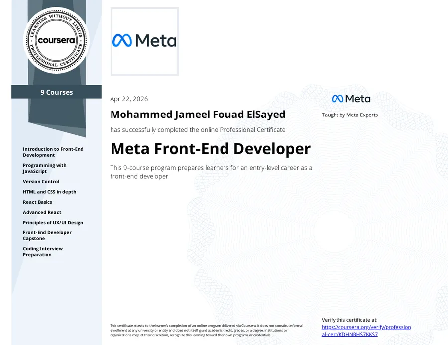 Meta Front-End Developer Professional certificate